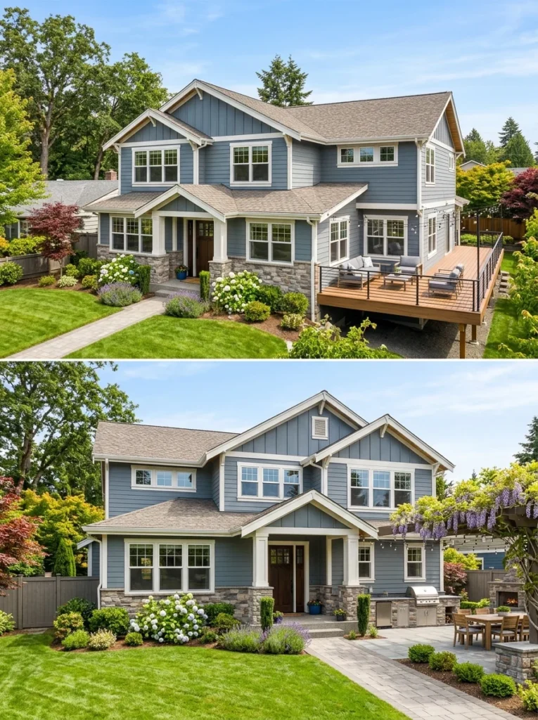 Beautiful patio and deck improving residential curb appeal.
