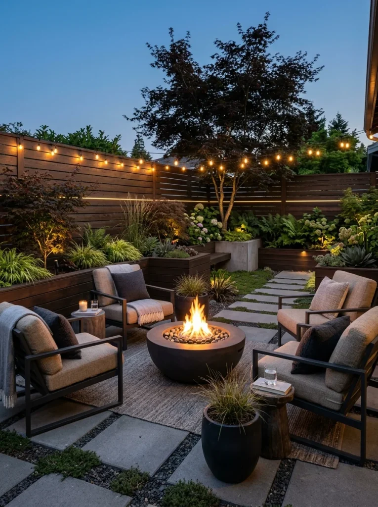 Cozy fire bowl serving as the focal point in a small backyard.