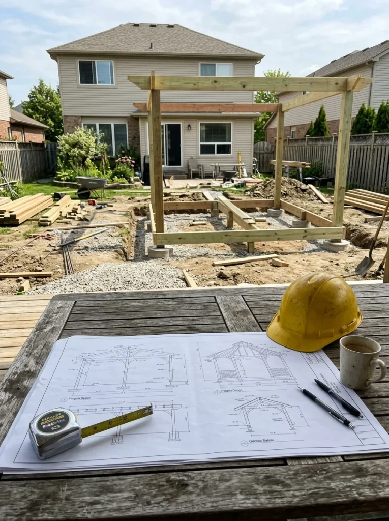 Backyard construction plans for installing a pergola or gazebo.