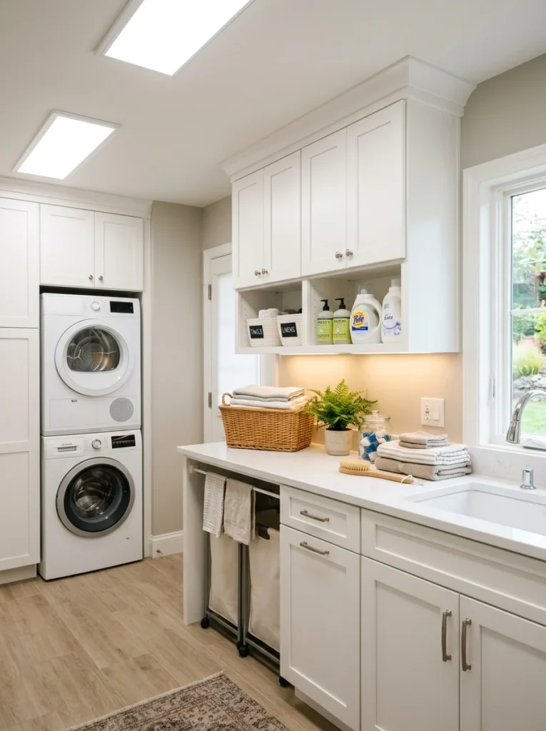 Laundry room with LED lighting and a bright folding workspace.