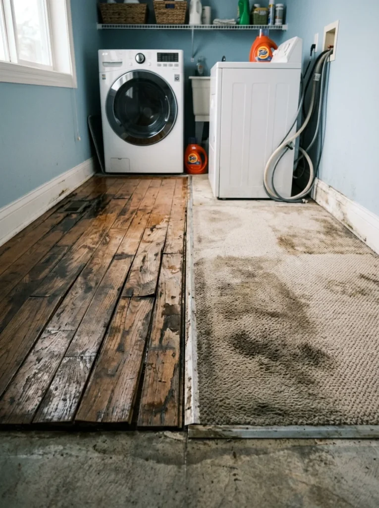 Damaged hardwood and wet carpet inside a laundry room.