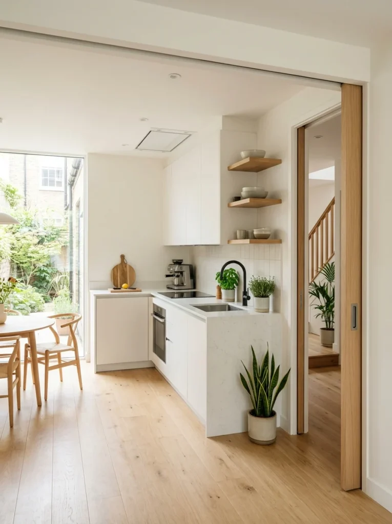 Small kitchen with sliding pocket door creating more usable floor space.