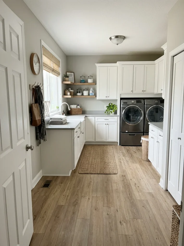 Laundry appliances positioned away from the main entry path for better traffic flow.