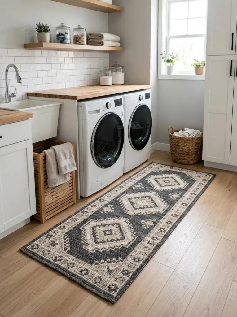 Washable runner rug adding comfort and style to a laundry room.