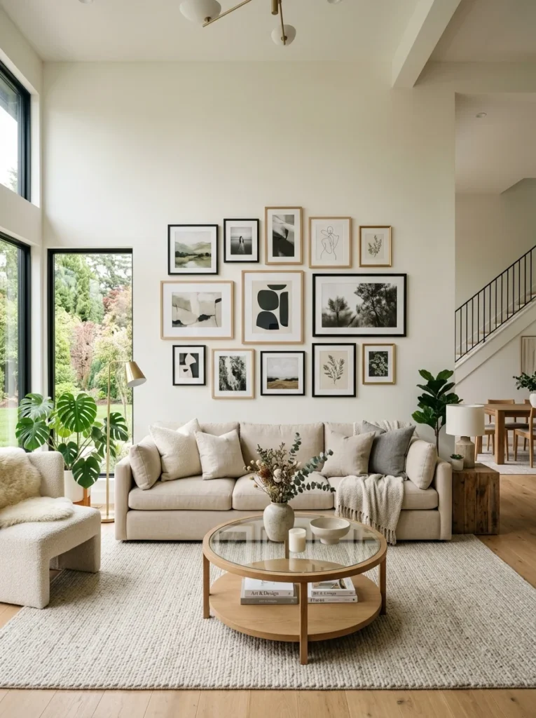 Gallery wall sized correctly above living room furniture.