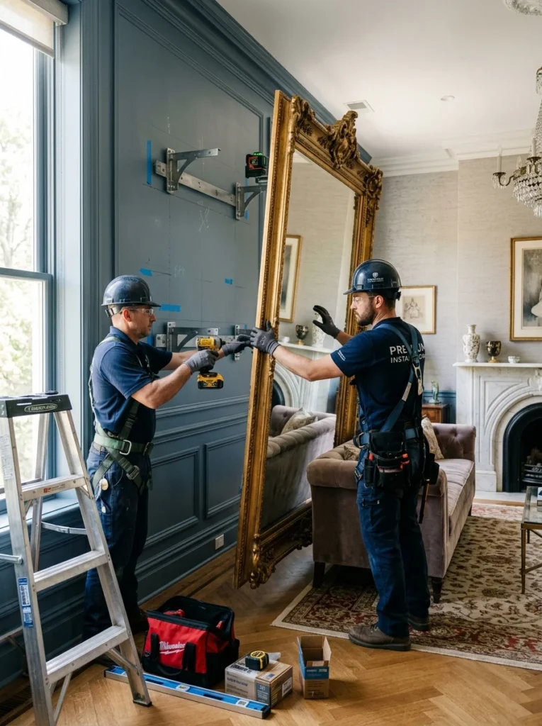 Professional installer mounting a large decorative mirror safely inside a home.