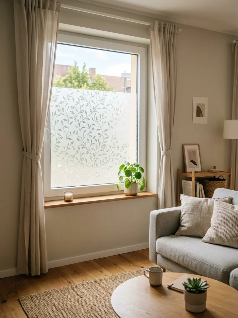 Frosted decorative window film providing privacy and style in a rental apartment.