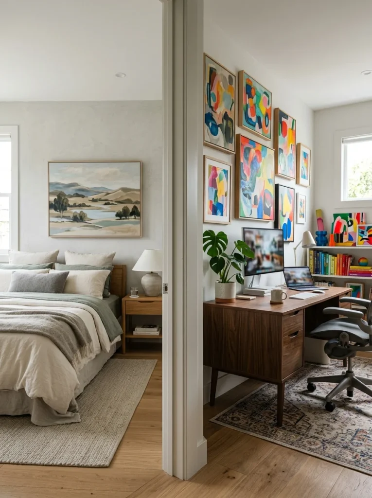 Bedroom and home office featuring artwork selected to create relaxing and energizing atmospheres.