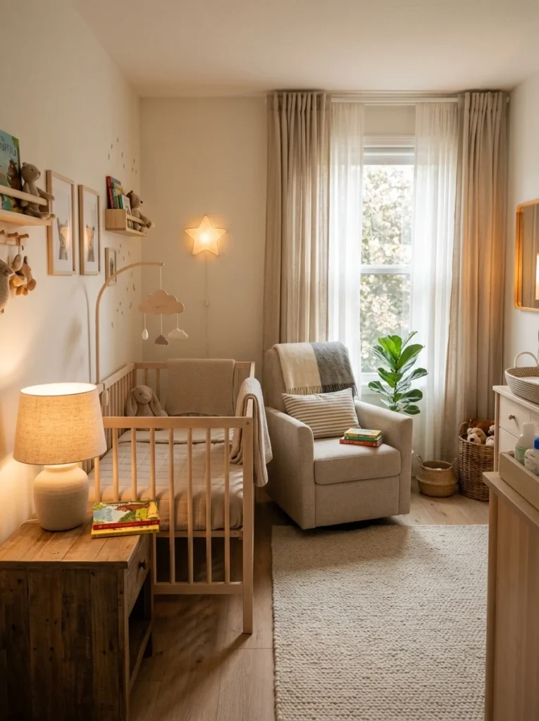 Warmly lit nursery featuring soft lamps, ambient lighting, and a calming neutral atmosphere.