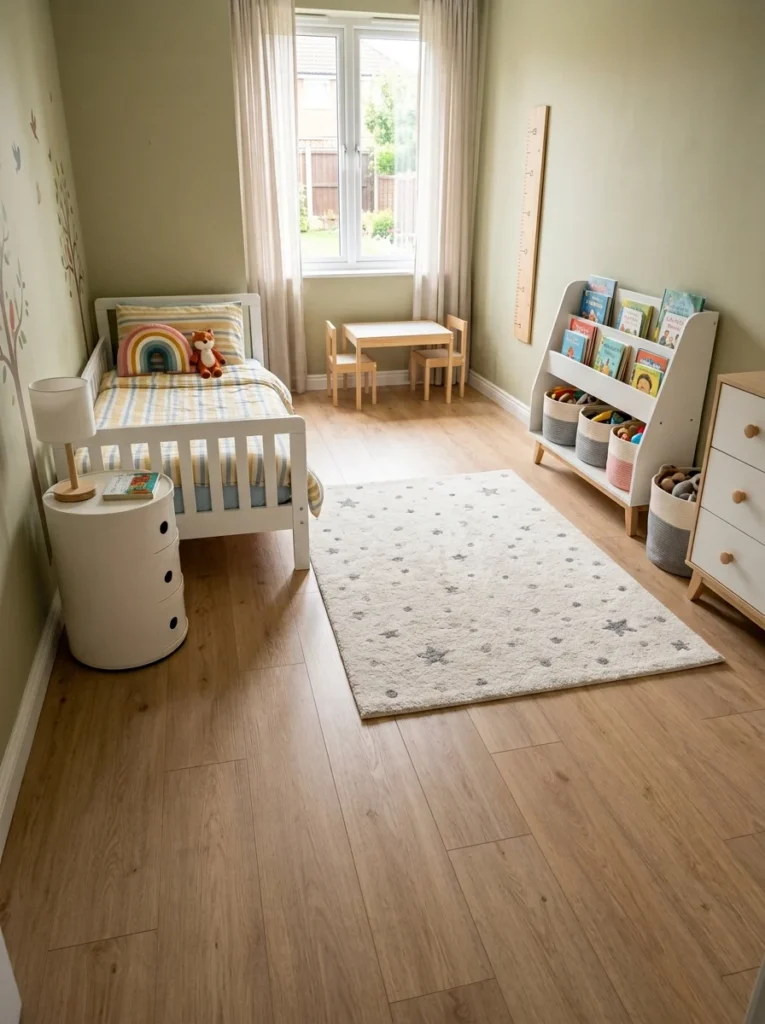 Non-slip rug and neatly hidden electrical cords in a child's bedroom.