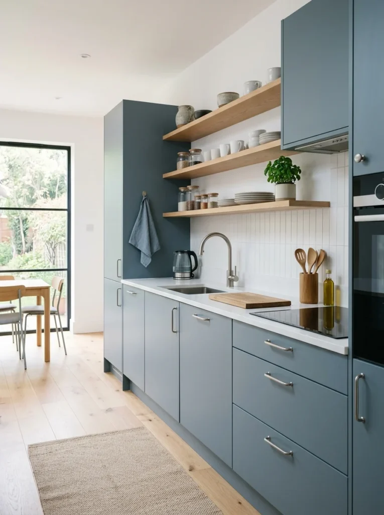 Scandinavian kitchen featuring muted blue-grey cabinets and light oak wood.