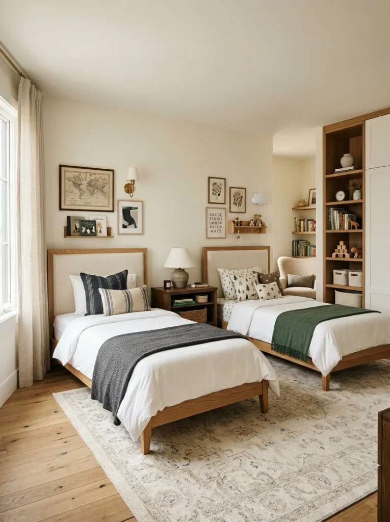 Flexible shared bedroom design that grows with siblings over time.