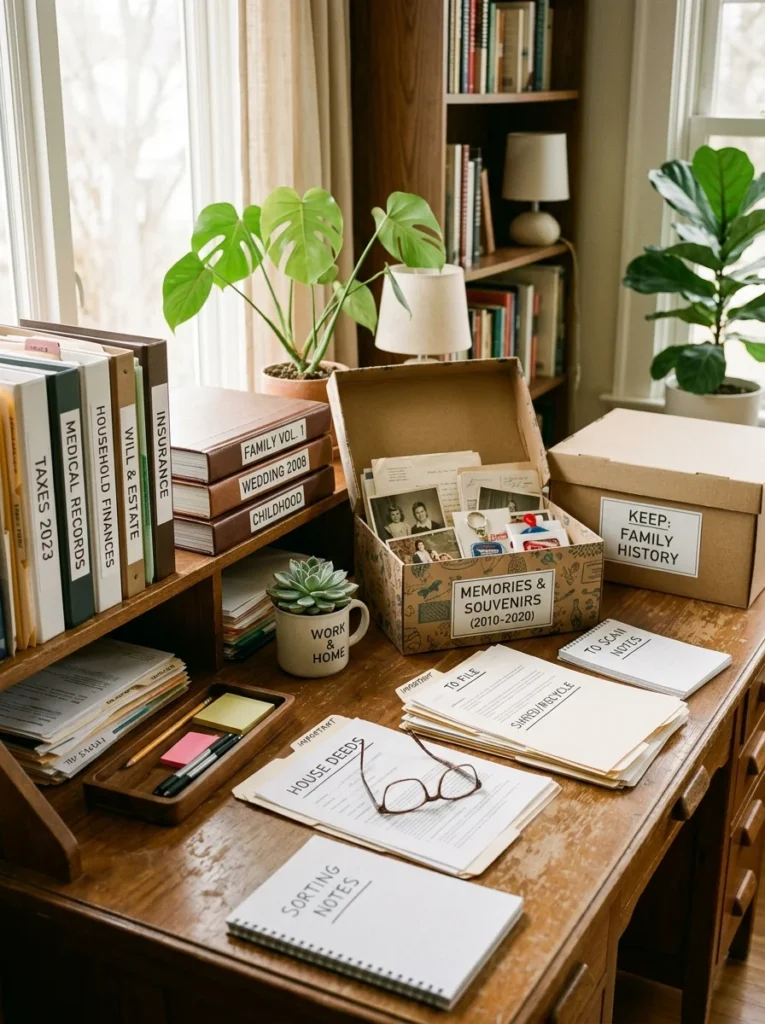 Sorting paperwork and sentimental keepsakes into organized folders.