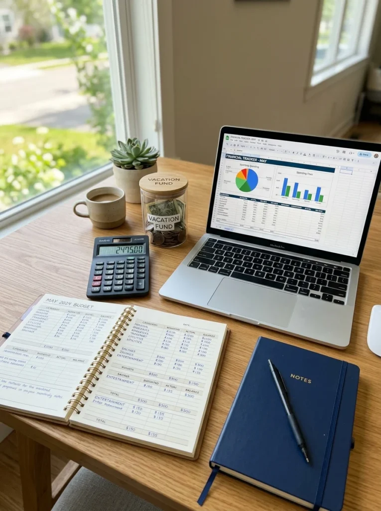 Monthly discretionary budget planner on a desk.