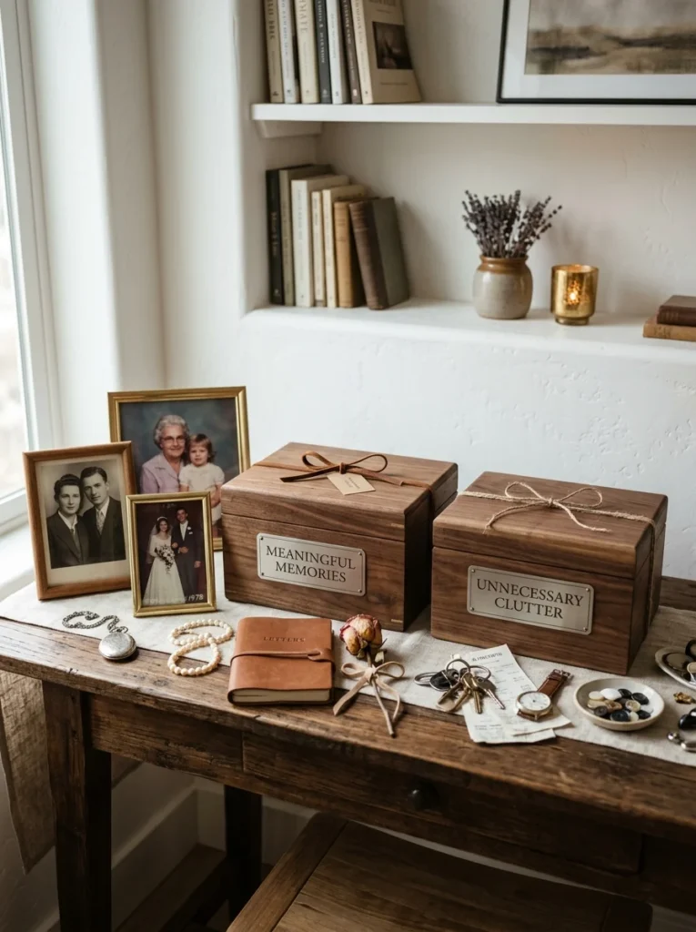 Organized keepsake boxes separating meaningful memories from unnecessary clutter.