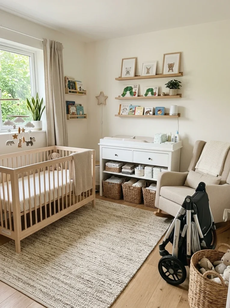 Organized nursery showing essential baby gear without clutter.