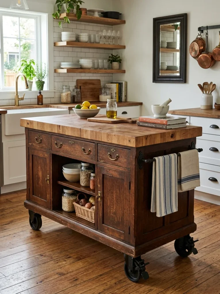 Budget-friendly DIY kitchen island made from repurposed furniture.