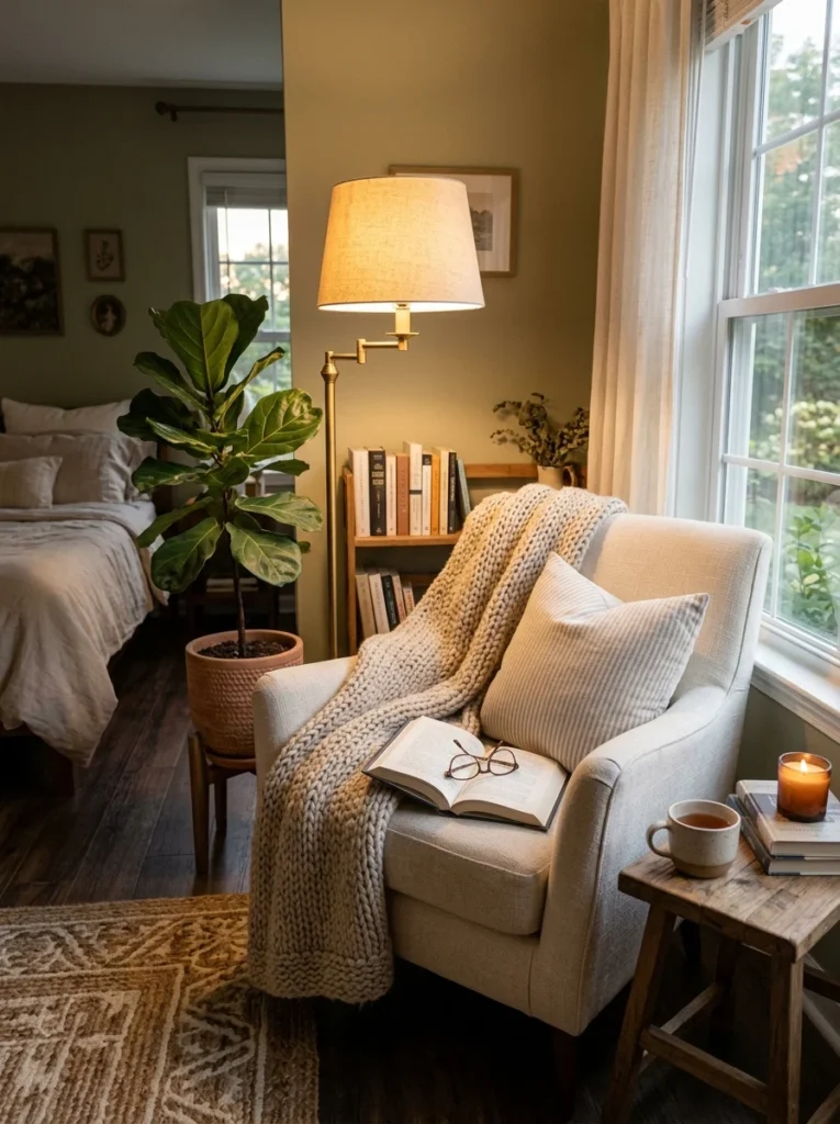 Comfortable reading corner inside a cozy bedroom with chair and floor lamp.