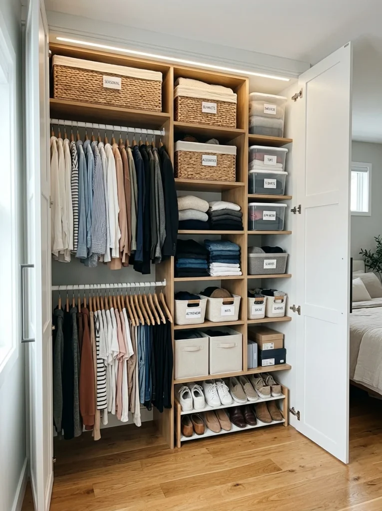 Wall-mounted fold-down desk saving space in a small bedroom office.