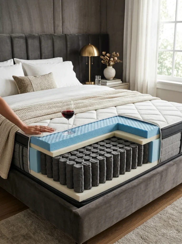 Hybrid mattress construction designed to reduce motion transfer and improve support.