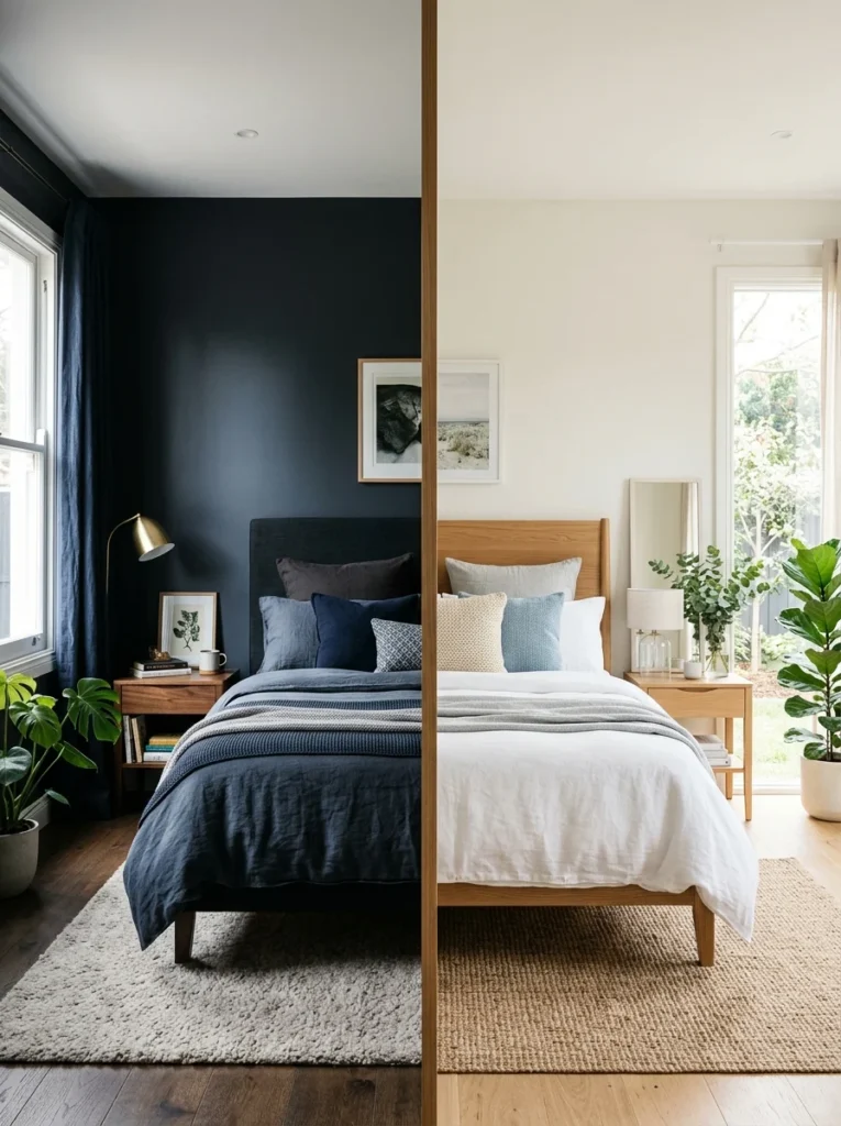 Comparison of cozy dark bedroom and airy light bedroom color palettes.