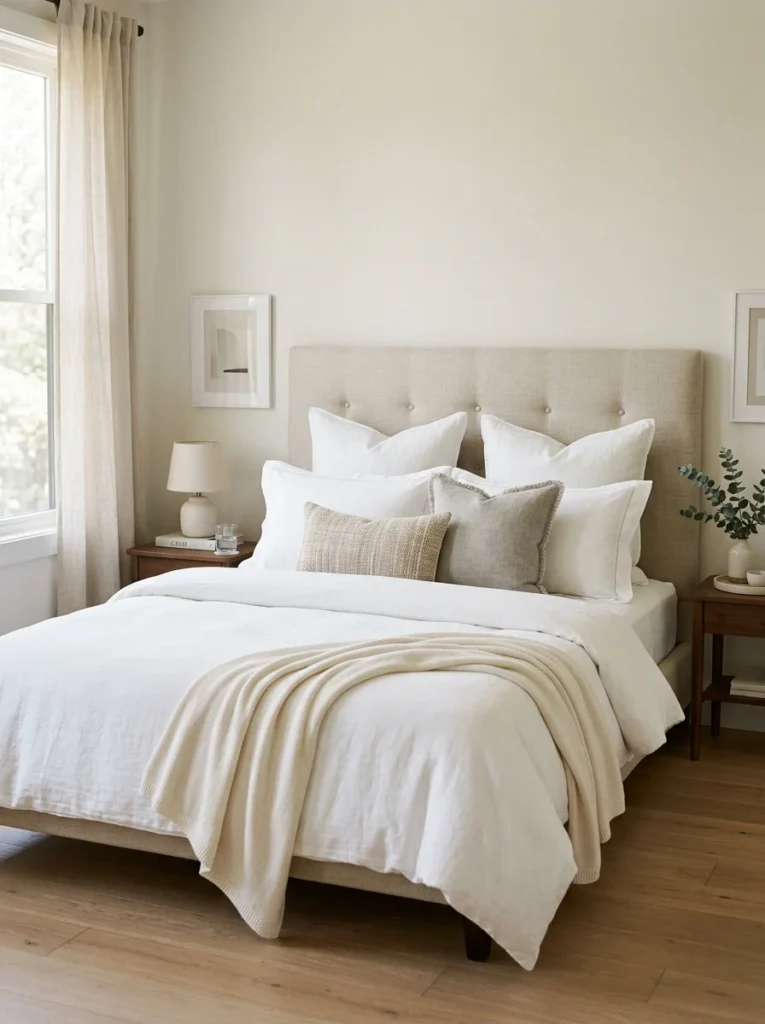 Stylish bed featuring a practical arrangement of six layered pillows.