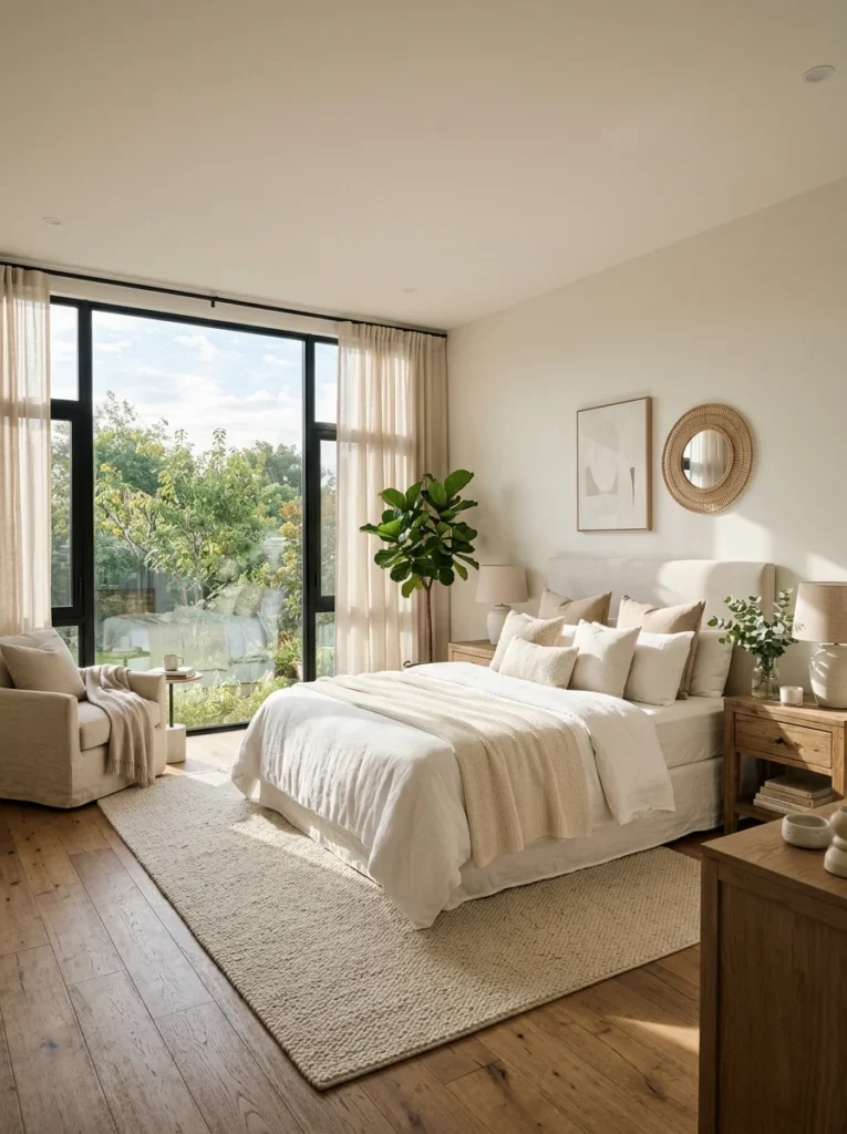 Master bedroom arranged to take advantage of soft natural daylight through large windows.