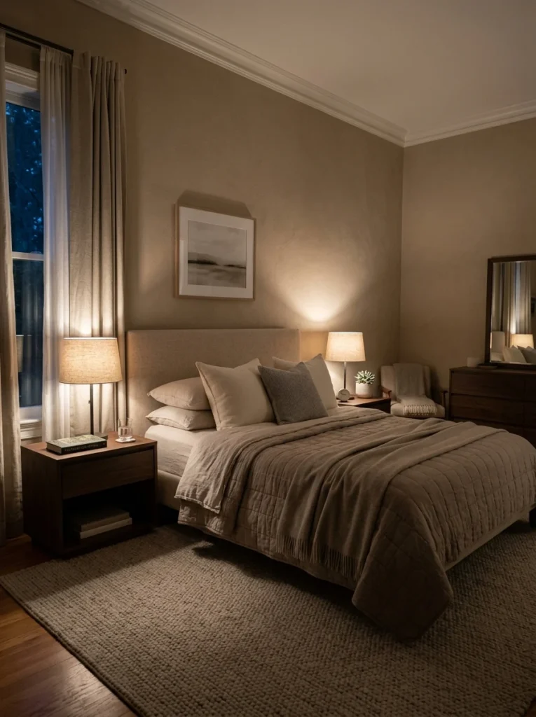 Bedside lamps positioned to provide comfortable glare-free evening lighting.