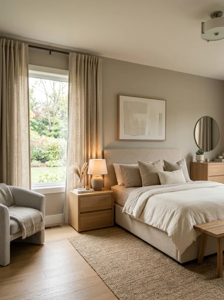 : Neutral-colored blackout curtains complementing a modern bedroom design.