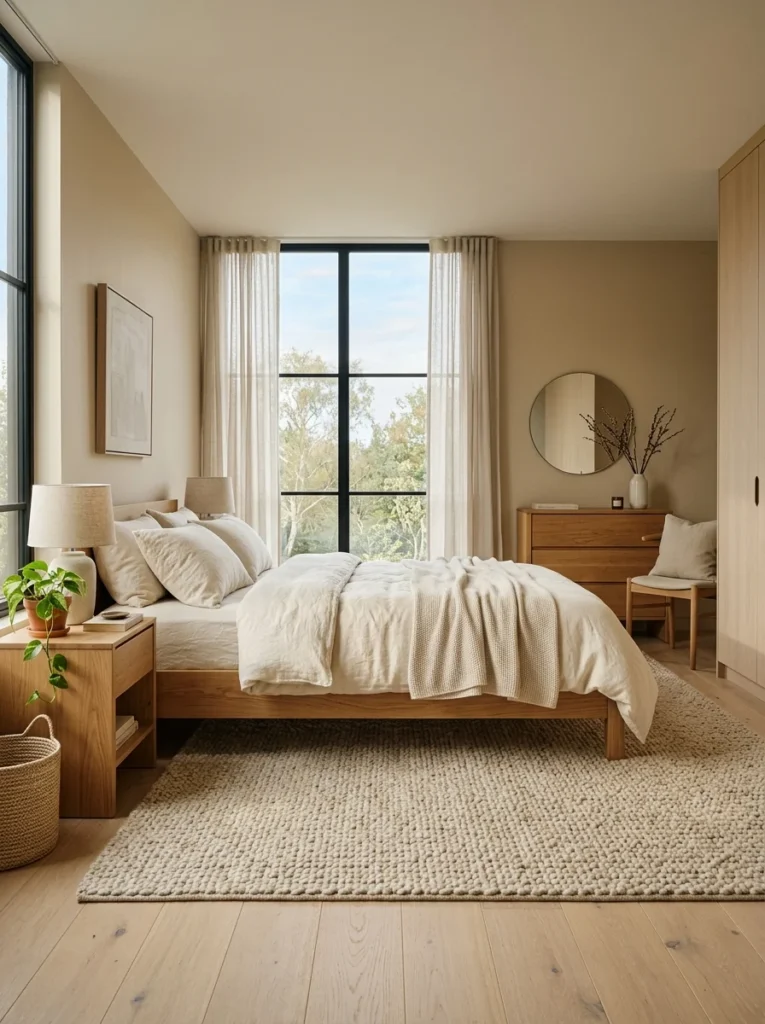 Neutral minimalist bedroom featuring a textured wool rug, wood furniture, and cozy bedding.