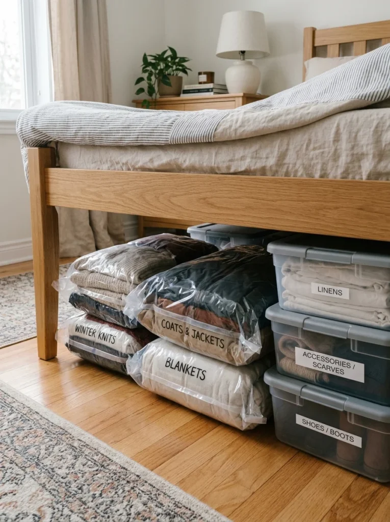 Vacuum storage bags reducing clothing size for compact bedroom storage.