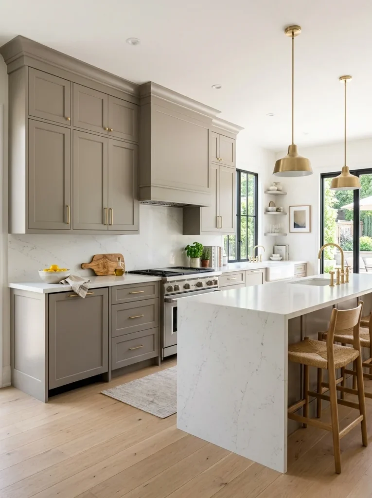 Neutral modern kitchen featuring upper cabinets designed for long-term resale value.