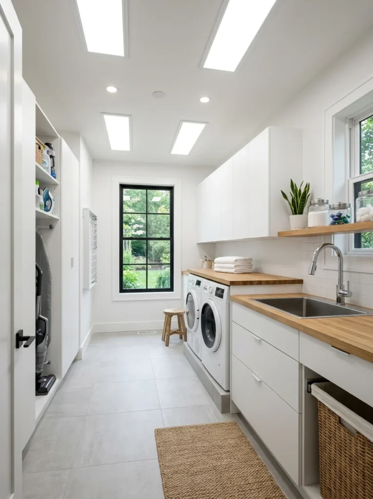 Spacious laundry room with wide-beam ceiling lighting eliminating dark corners.