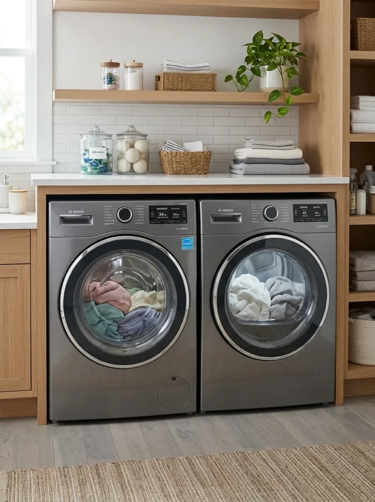 Modern low-noise washer and dryer designed for quieter household operation.