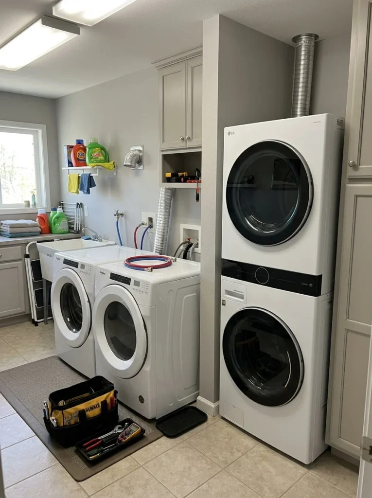 Maintenance access behind stacked and side-by-side washer and dryer setups.