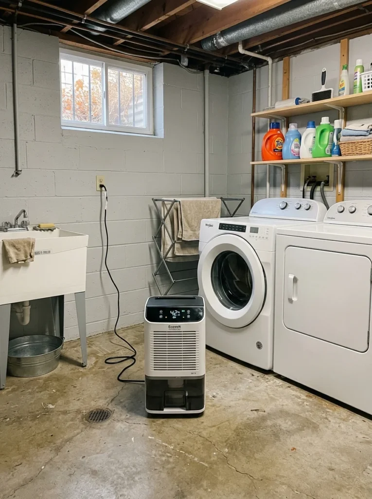 Portable dehumidifier reducing humidity in a laundry room.