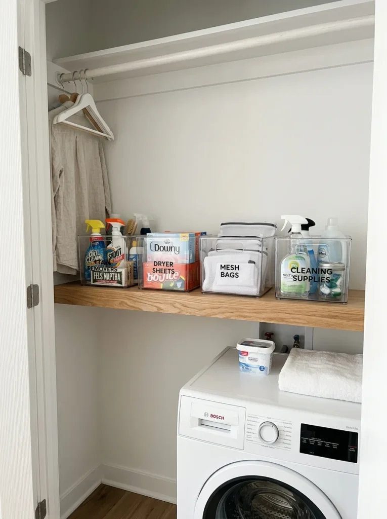 Clear stackable bins organizing laundry supplies on closet shelves.