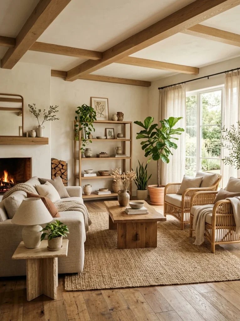 Neutral living room with wood, rattan, stone, and organic textures.