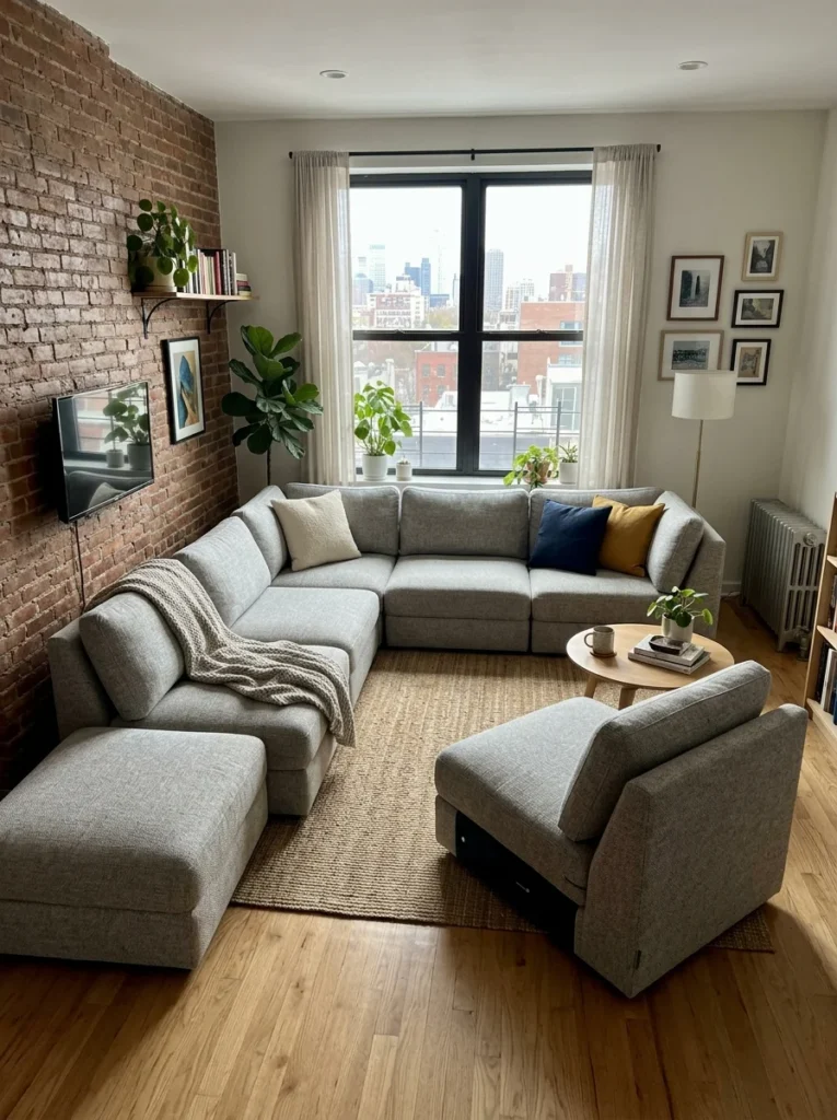 Compact modular sectional arranged inside a small awkward living room.