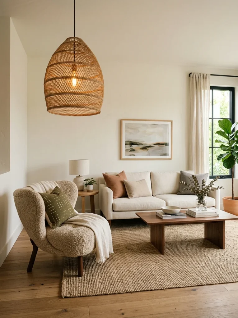 Living room using textured furniture to highlight a clear focal point.