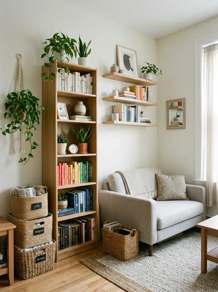 Tall shelving and vertical storage maximizing space inside a small rental living room.