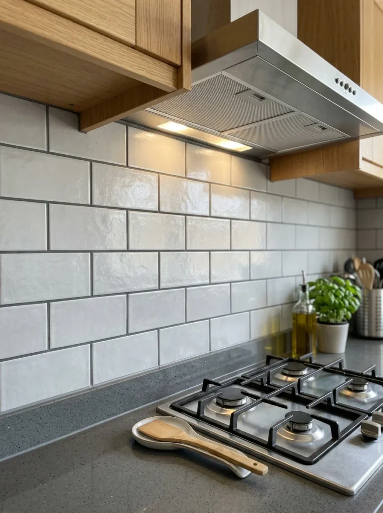 Close-up of durable grout and backsplash installation behind a kitchen cooktop.