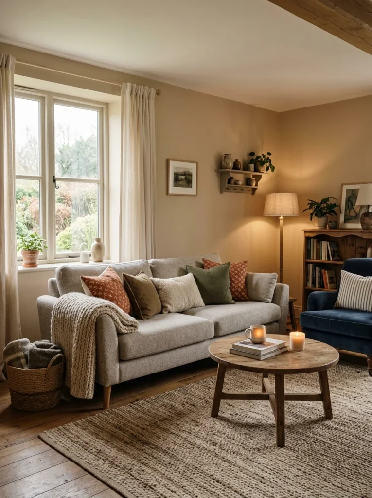 Warm beige painted living room with limited natural light.