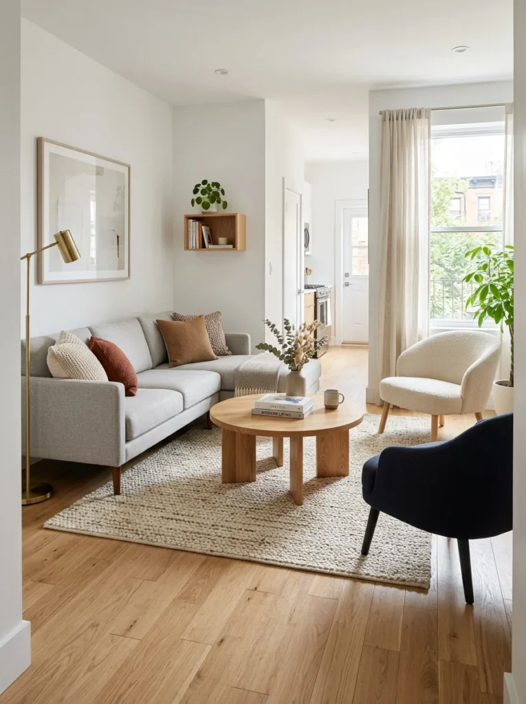 Round coffee table improving movement in a compact and awkward living room layout.