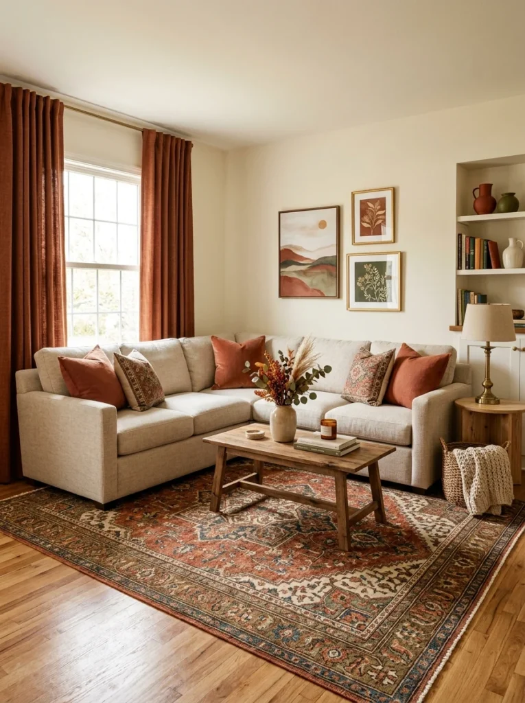 Throw pillows matching curtains, rug, and living room decor.