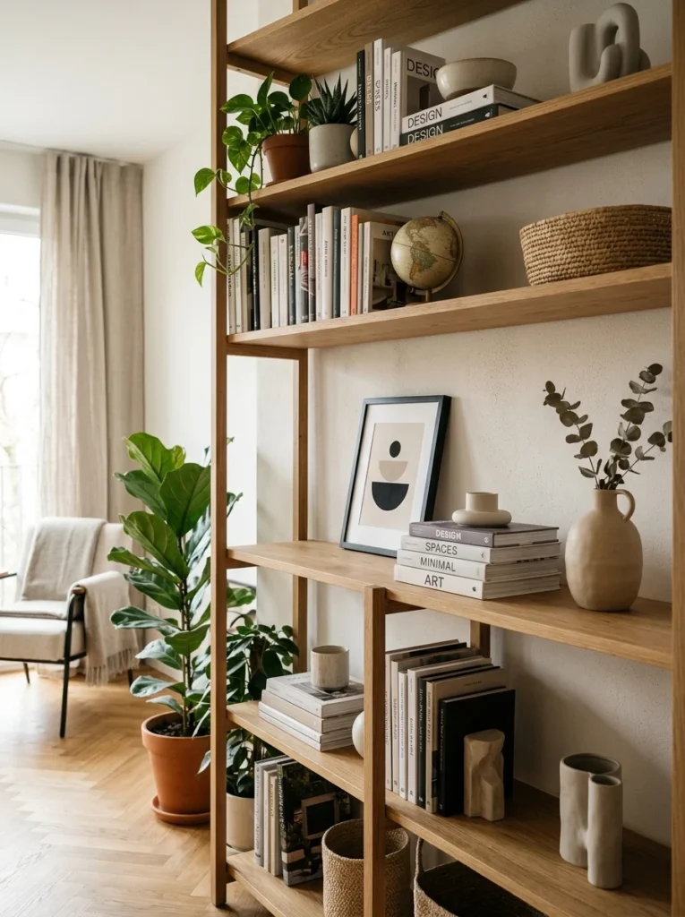 Eye-level open shelf styled with minimal decor and generous negative space.
