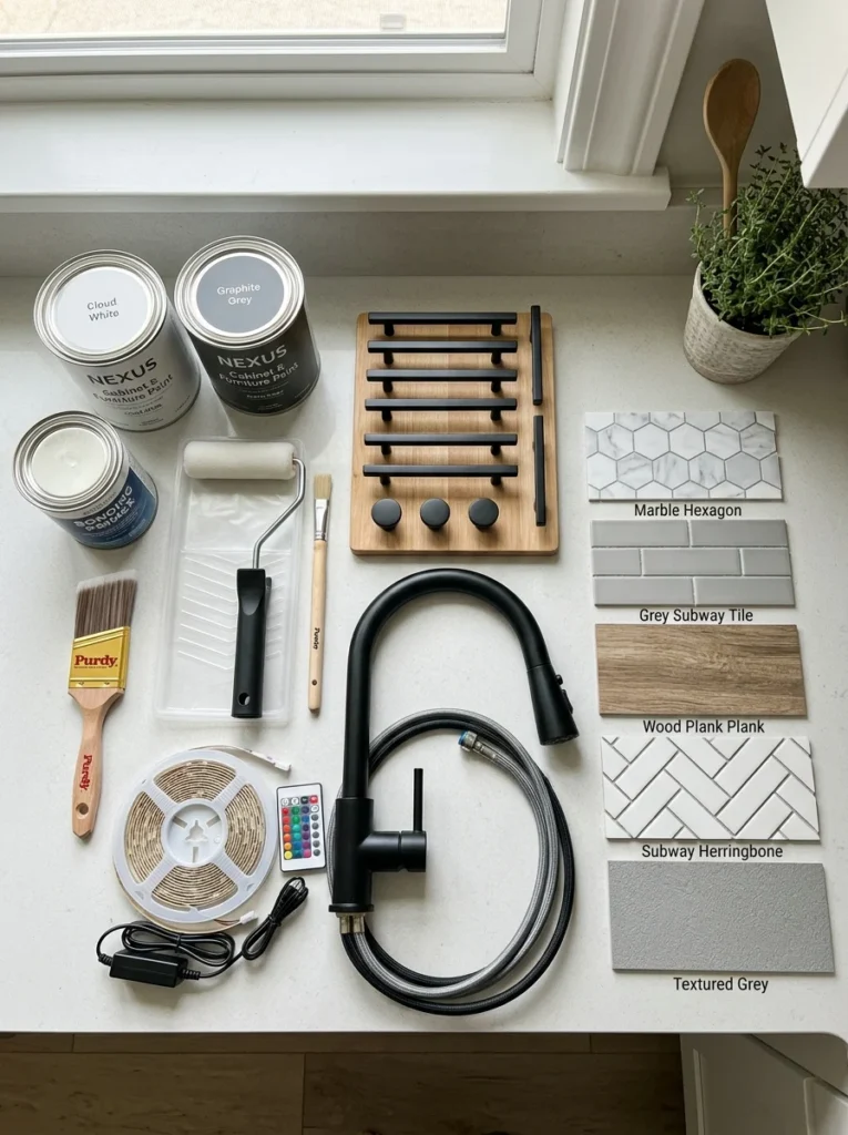 Affordable kitchen makeover materials arranged for a DIY renovation.