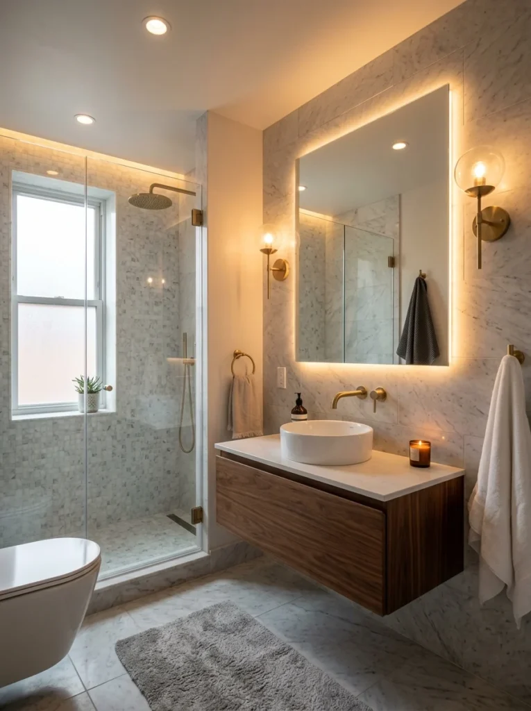 Small bathroom illuminated with layered lighting for a brighter and more open feel.