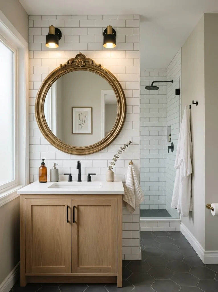 Budget bathroom featuring a stylish statement mirror as the main design focal point.