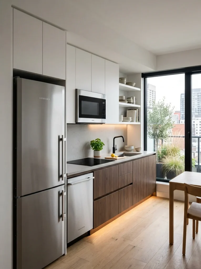 Compact kitchen with slim appliances designed specifically for small spaces.